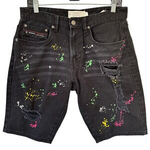 Jeanious Akademiks Black Denim Paint Splatter Shorts Mens SZ 32 Streetwear Y2K